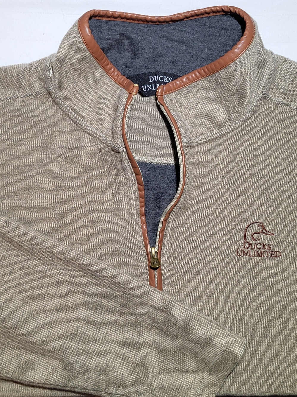 Ducks Unlimited Men's Tan Half-Zip Sweater with Brown Trim
